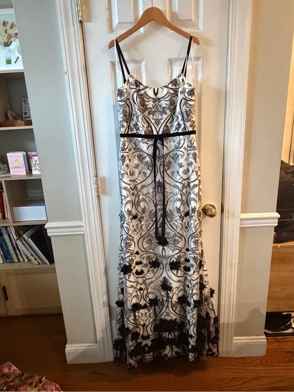 Marchesa Ivory Maxi Dress with Black Floral Embroidery